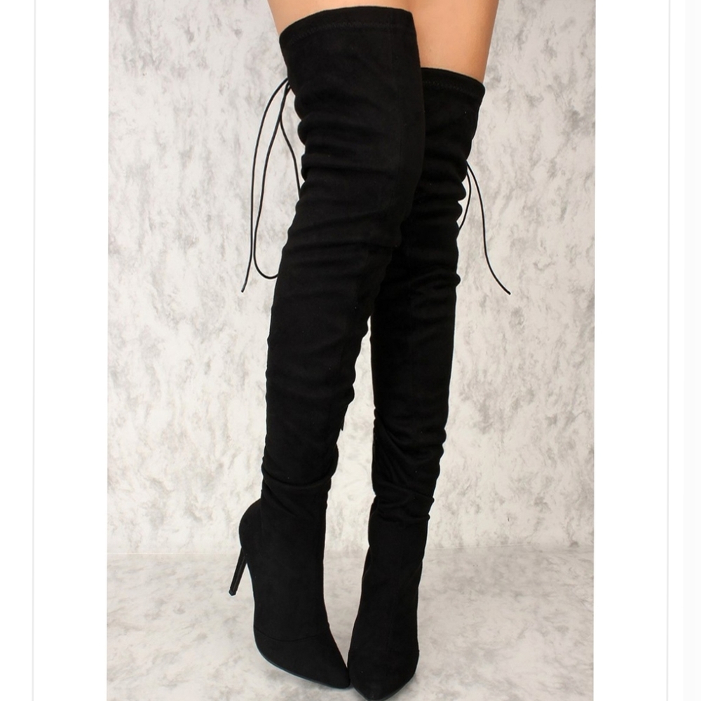 ❤BEST SELLER ❤ dolls Black Faux Suede Thigh High Lace U - Picture 7 of 9